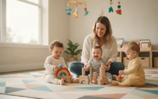 Éducatrice de jeunes enfants souriante assise au sol avec des bébés de 12 à 18 mois, jouant avec des hochets colorés dans une crèche lumineuse aux murs clairs