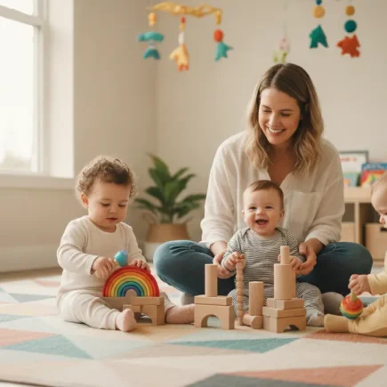 Éducatrice de jeunes enfants souriante assise au sol avec des bébés de 12 à 18 mois, jouant avec des hochets colorés dans une crèche lumineuse aux murs clairs