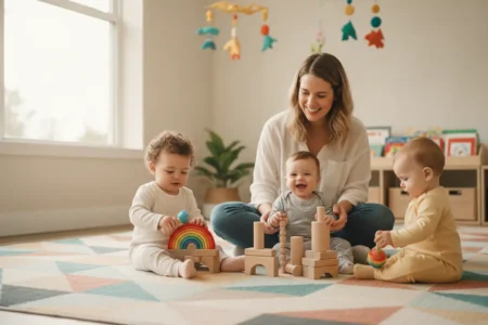 Éducatrice de jeunes enfants souriante assise au sol avec des bébés de 12 à 18 mois, jouant avec des hochets colorés dans une crèche lumineuse aux murs clairs