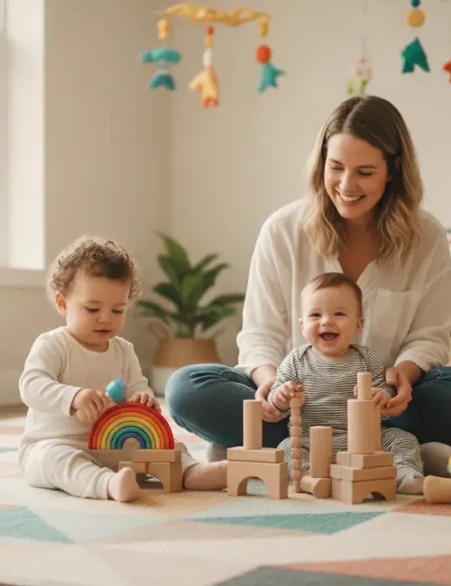 Éducatrice de jeunes enfants souriante assise au sol avec des bébés de 12 à 18 mois, jouant avec des hochets colorés dans une crèche lumineuse aux murs clairs