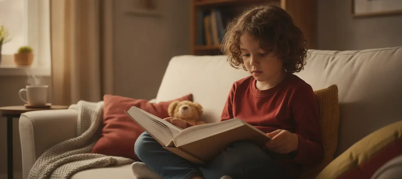 Enfant concentré lisant seul un gros livre ouvert, lumière naturelle douce, expression sérieuse et curieuse