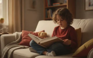 Enfant concentré lisant seul un gros livre ouvert, lumière naturelle douce, expression sérieuse et curieuse
