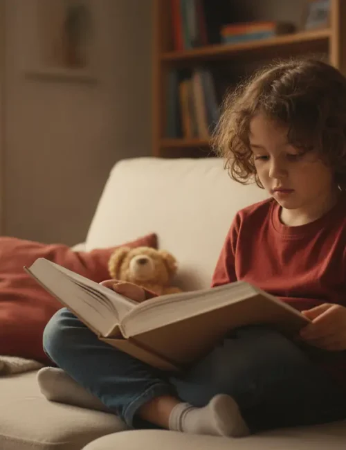 Enfant concentré lisant seul un gros livre ouvert, lumière naturelle douce, expression sérieuse et curieuse