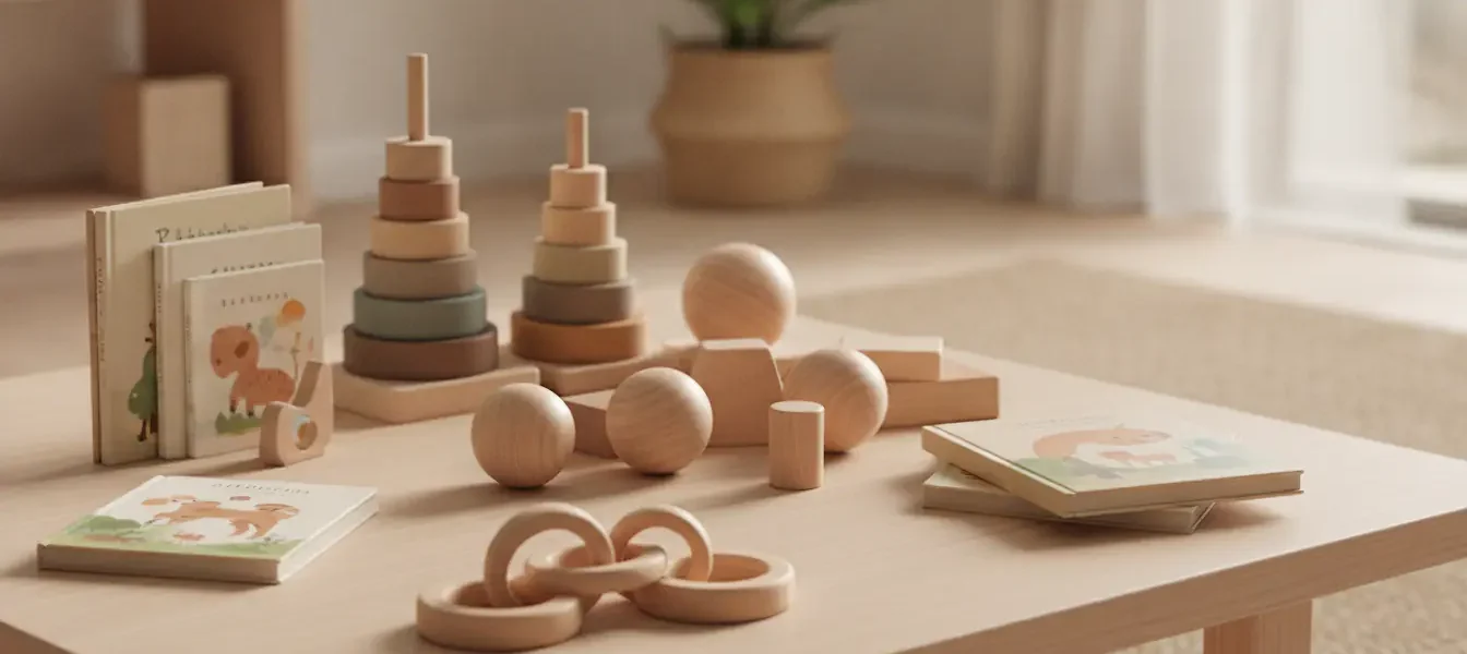 Jouets en bois Montessori sur une table, sélection cadeaux éducatifs pour enfants