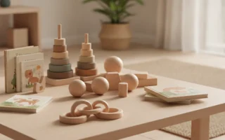 Jouets en bois Montessori sur une table, sélection cadeaux éducatifs pour enfants