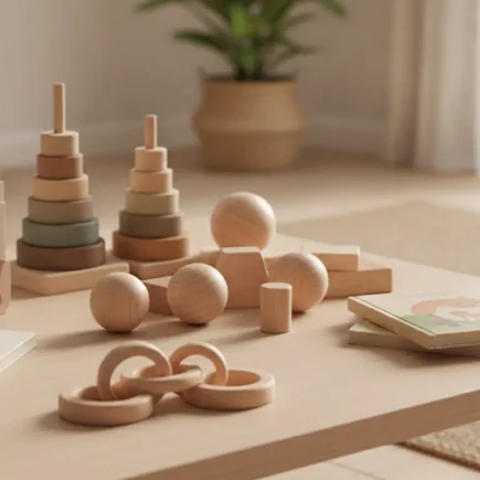 Jouets en bois Montessori sur une table, sélection cadeaux éducatifs pour enfants