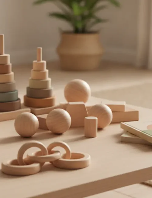 Jouets en bois Montessori sur une table, sélection cadeaux éducatifs pour enfants
