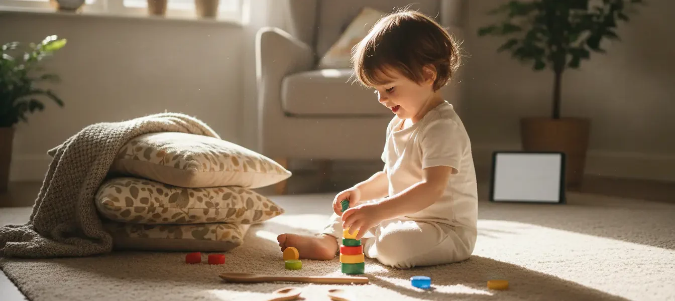 Bébé de 2 ans qui joue à la maison avec des jouets simples faits d'objets du quotidien