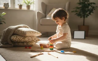 Bébé de 2 ans qui joue à la maison avec des jouets simples faits d'objets du quotidien