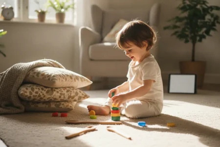 Bébé de 2 ans qui joue à la maison avec des jouets simples faits d'objets du quotidien
