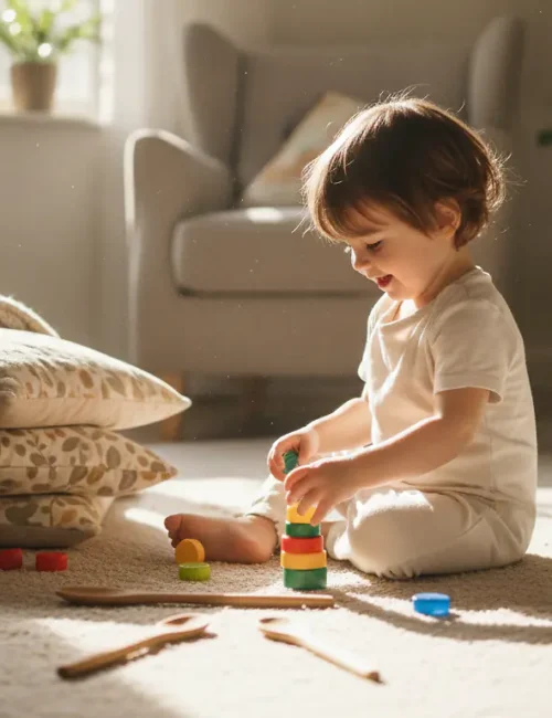 Bébé de 2 ans qui joue à la maison avec des jouets simples faits d'objets du quotidien