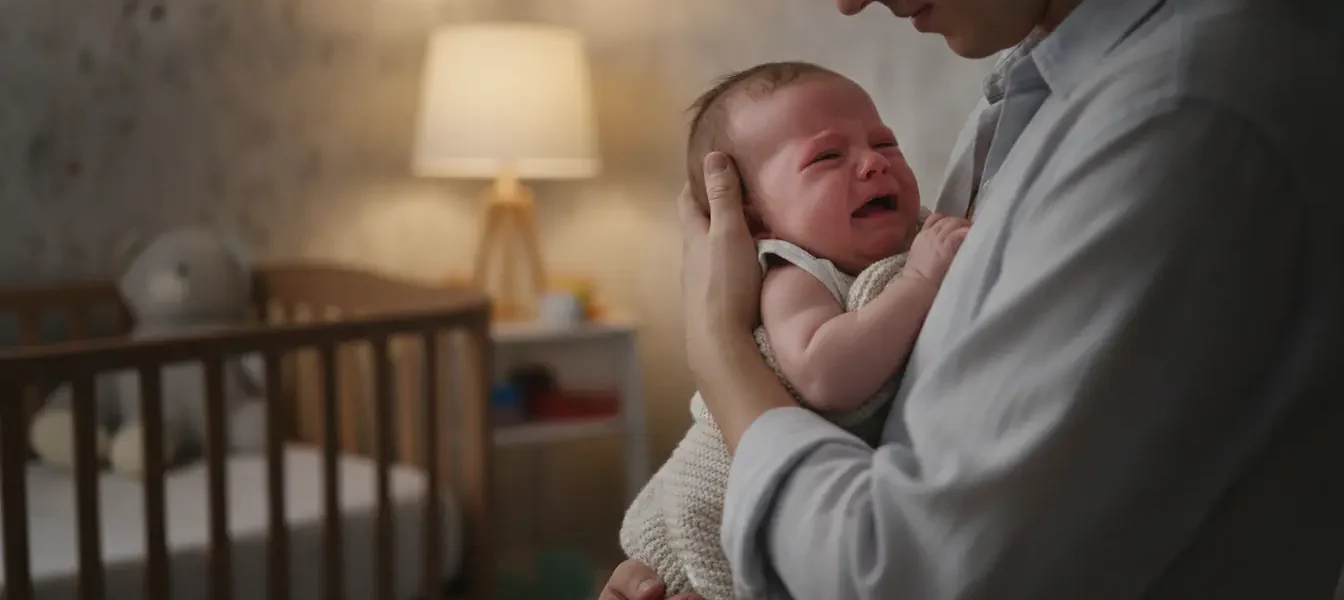 Parent bercant doucement un bebe en pleurs le soir pour calmer une colique