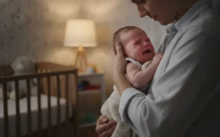Parent bercant doucement un bebe en pleurs le soir pour calmer une colique