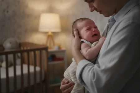 Parent bercant doucement un bebe en pleurs le soir pour calmer une colique