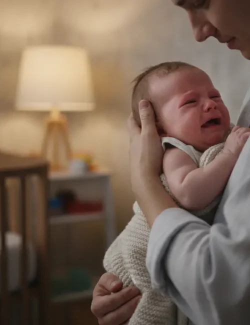 Parent bercant doucement un bebe en pleurs le soir pour calmer une colique