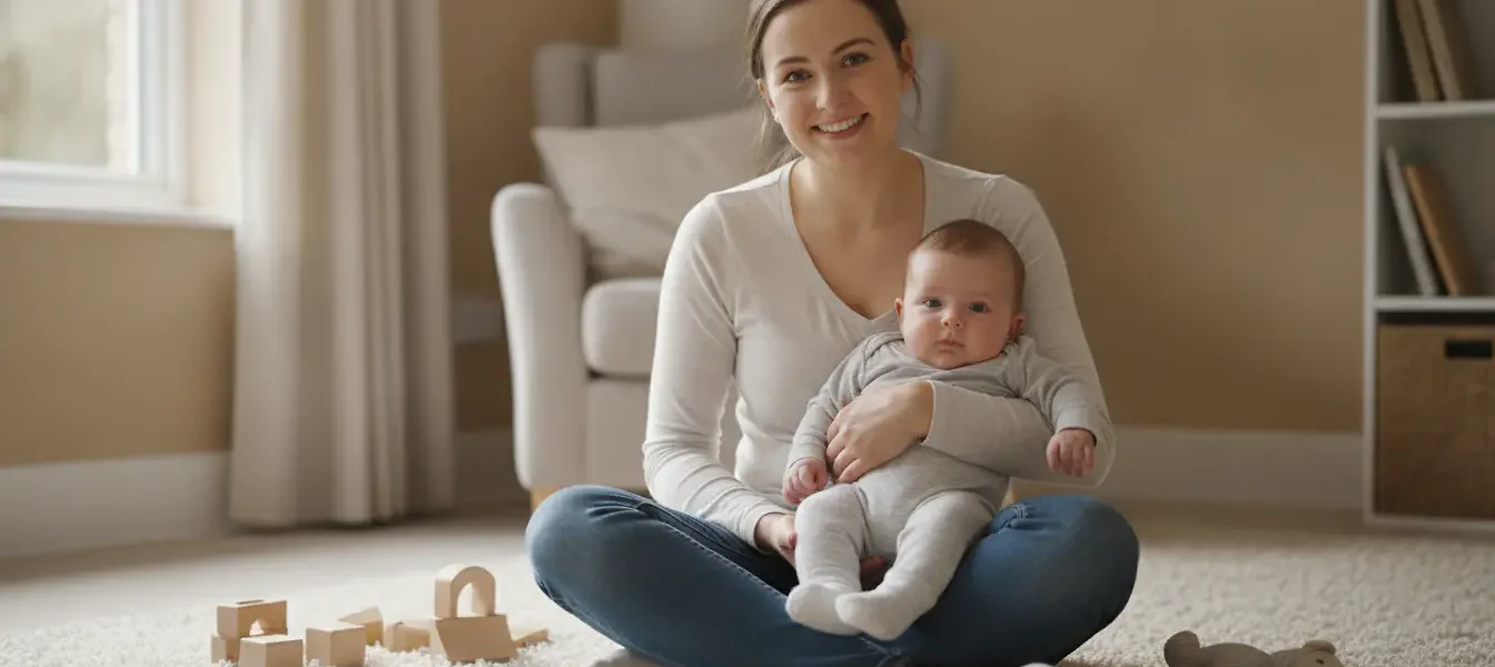 Assistante maternelle souriante avec un bébé sur un tapis de jeu dans un salon lumineux