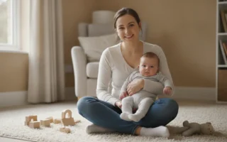 Assistante maternelle souriante avec un bébé sur un tapis de jeu dans un salon lumineux