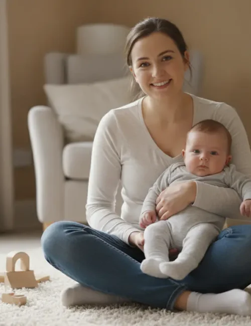 Assistante maternelle souriante avec un bébé sur un tapis de jeu dans un salon lumineux