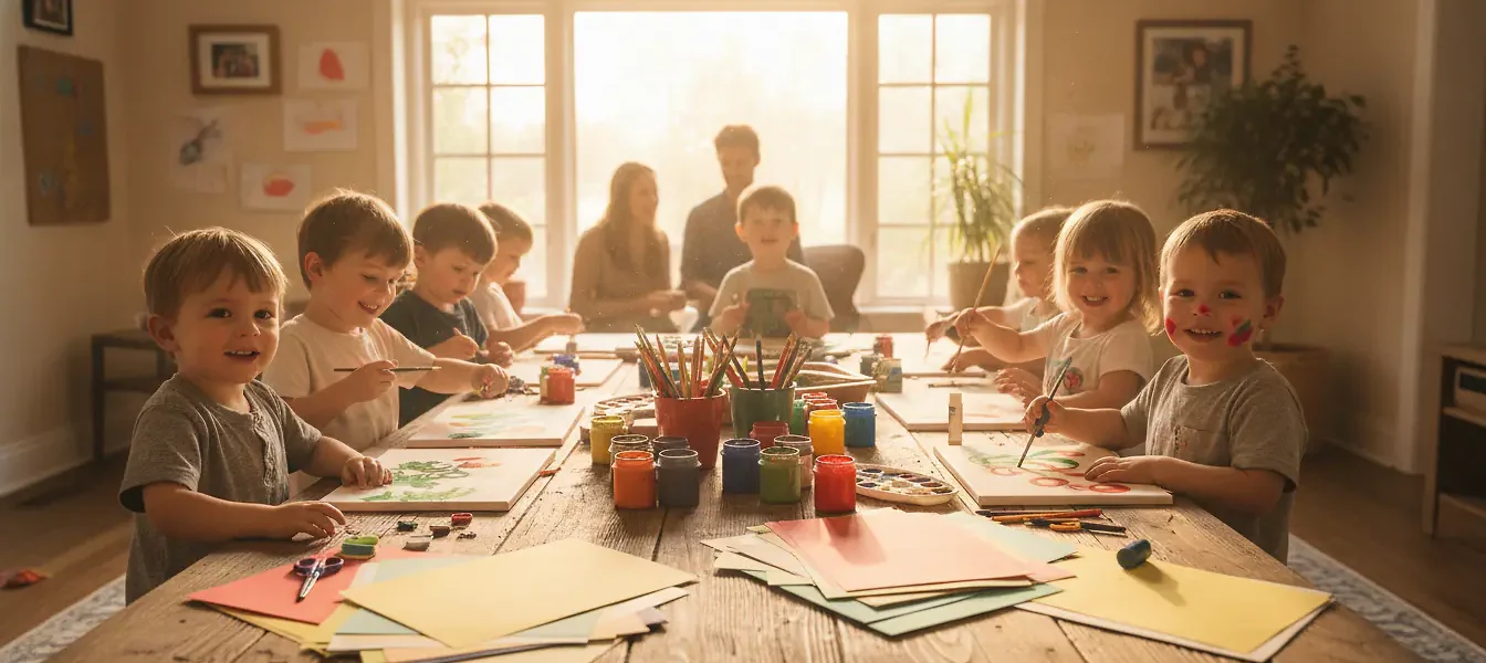 Groupe d'enfants faisant une activité créative ensemble, papiers colorés et matériaux sur une table en bois, lumière naturelle chaleureuse