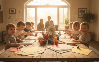 Groupe d'enfants faisant une activité créative ensemble, papiers colorés et matériaux sur une table en bois, lumière naturelle chaleureuse