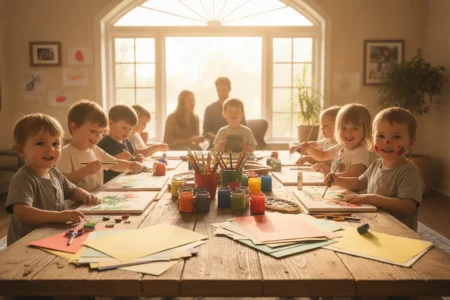 Groupe d'enfants faisant une activité créative ensemble, papiers colorés et matériaux sur une table en bois, lumière naturelle chaleureuse