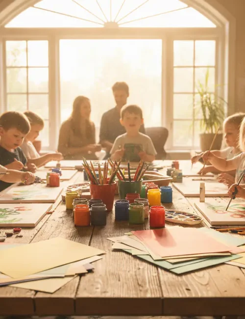 Groupe d'enfants faisant une activité créative ensemble, papiers colorés et matériaux sur une table en bois, lumière naturelle chaleureuse